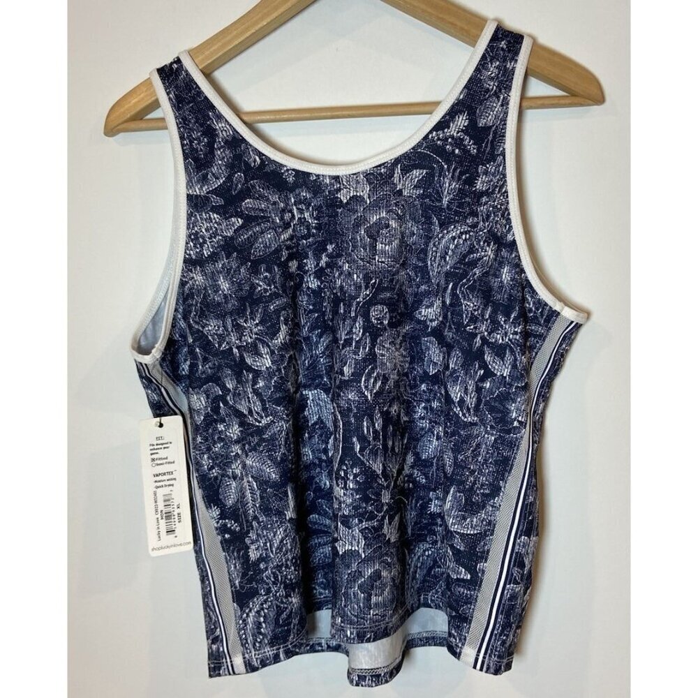 NWT Lucky in Love Tank Top Activewear Fitted Navy Blue White Floral XL New - Picture 4 of 4